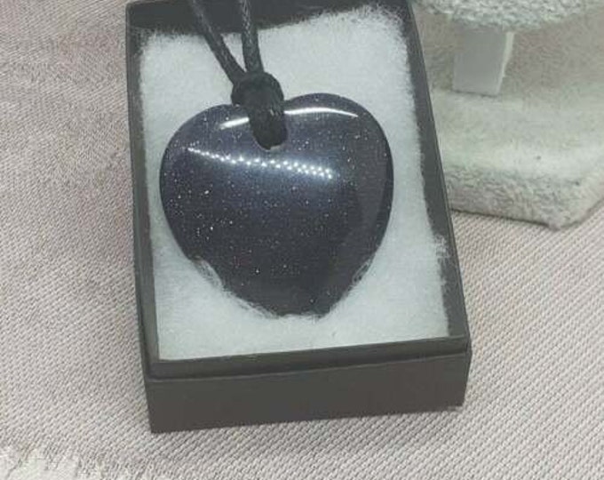 Blue Goldstone Heart 40 mm Pendant- Black Cord-"promotes positive life choices- Gift-Yourself- Friends- Family-Loved One-Gift Box