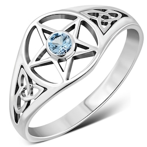 Sterling Silver Celtic Trinity Knot Ring: Blue Topaz Pentacle, Goddess Collection