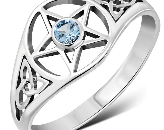 Ring Sterling Silver 925 - Celtic Trinity Knot- Blue Topaz - Pentacle - New "Goddess Collection"- Multiple Sizes Available- Gift Box