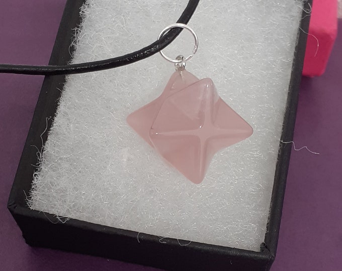 Rose Quartz- Merkaba- Pendant-Handmade-Genuine Black Leather Cord-Silver 925 Jump Ring-Gift Box