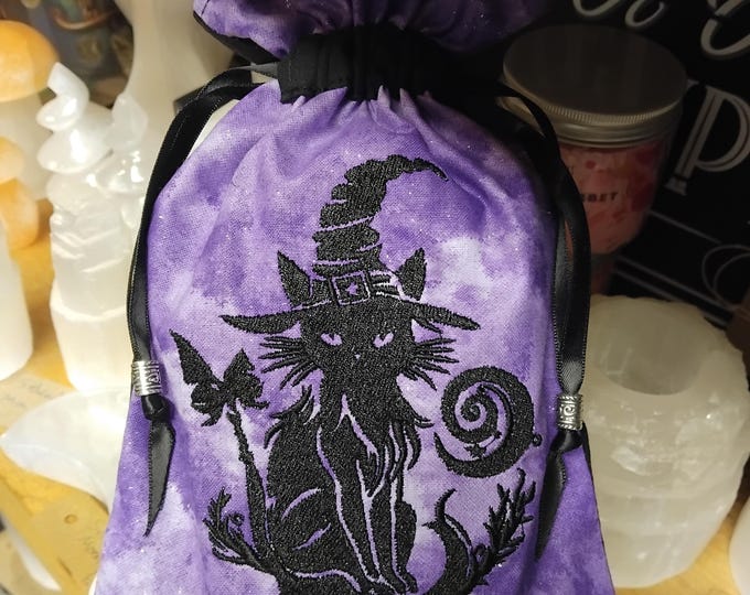 Embroidered Tarot Card Pouch: Cat- Bag with Tibetan Silver Beads