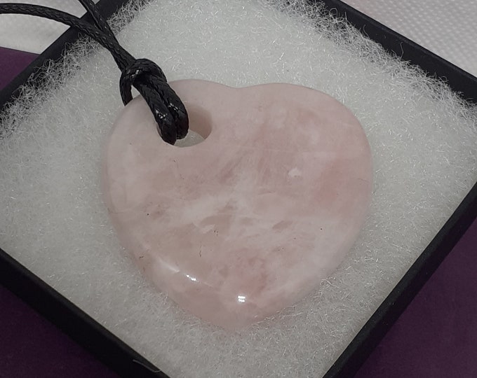Rose Quartz-50 mm -Large- Heart Pendant - Black Cord - Gift-Yourself- Friends-Family-Loved One-Gift Box