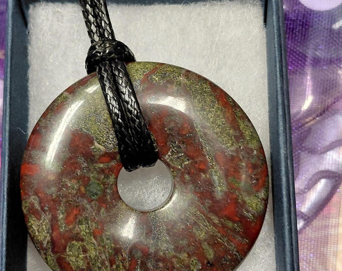 Epidote- Donut -40 mm-  Black Cord- Spiritual Growth-NEW- Gift Box