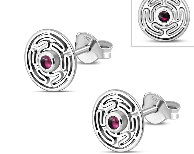 Hecates Wheel Earrings Garnet Sterling Silver 925 Stud Earrings The "Goddess Collection" 10 mm-Gift Box