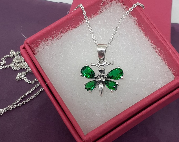 Butterfly Pendant -Sterling Silver 925 - The "Goddess Collection" -Faceted Green CZ- 15 mm Gift- Yourself- Friends- Family- Loved One