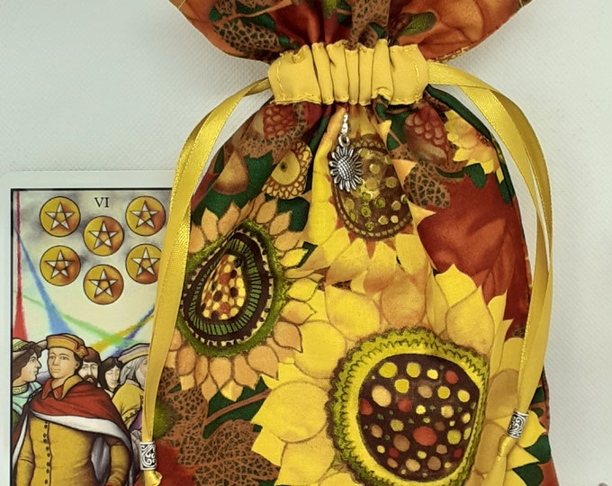 Deluxe Tarot - Oracle- cards pouch Bag, lined pouch, handmade -Sunflower- Charm- Beads- New Design
