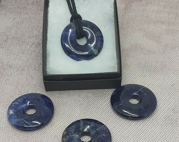 Sodalite- Donut -30 mm-  Black Cotton Wax Cord-A stone of protection -Power -Courage- NEW