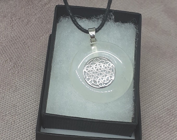 Clear Quartz Donut -25 mm-Silver Plated Flower of Life Holder- Black Cord-Gift for Yourself- Friend-Loved One-Gift Box