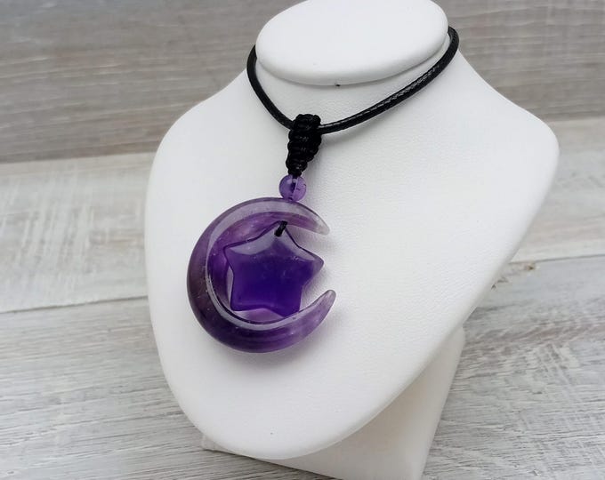 Amethyst Moon & Star Pendant Necklace- Cord - Gift-Yourself- Friends-Family-Loved One-Gift Box