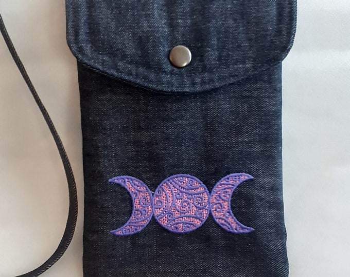 Denim-Cross Body Bag- Phone-Keys- Wallet-Tarot Cards pouch Bag, lined pouch, handmade- New Design- Embroidery-Triple Moon