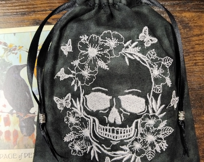 Deluxe Tarot cards pouch Bag, lined pouch, handmade -Embroidery- Skull-Tibetan Silver Beads- New Design