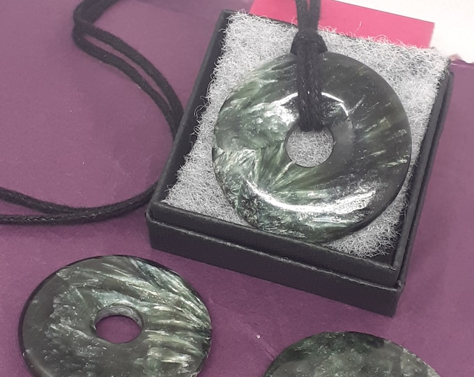 Seraphinite-Donut-  33 mm- 37 mm -Black Cord-Creativity-stone of prosperity- NEW- Gift Box
