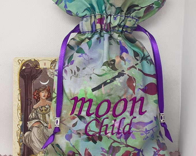 Deluxe Tarot cards pouch Bag, lined pouch, handmade -Embroidery- Moon child -Tibetan Silver Beads- New Design