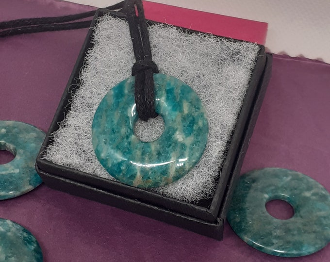 Amazonite-Donut-  30 mm -Black Cord-Creativity-stone of prosperity- NEW- Gift Box