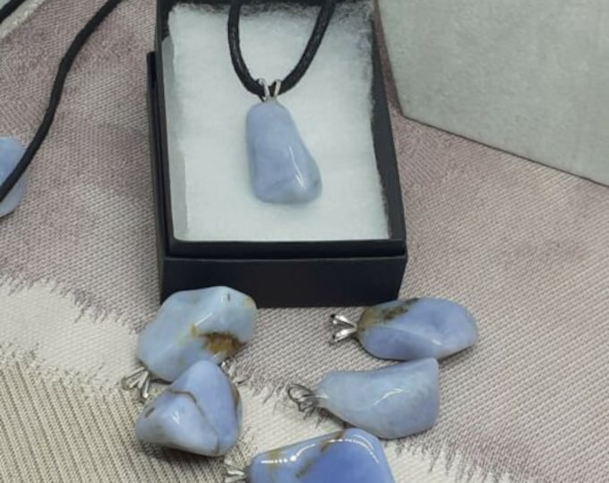 Blue Chalcedony A Grade- V Bail -Pendant- Black Cord-stone of universal love- Gift Box