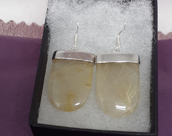 Rutilated Quartz Quartz- Drop-Dangle-Earrings -Handmade-Silver 925 Hooks-Gift Box