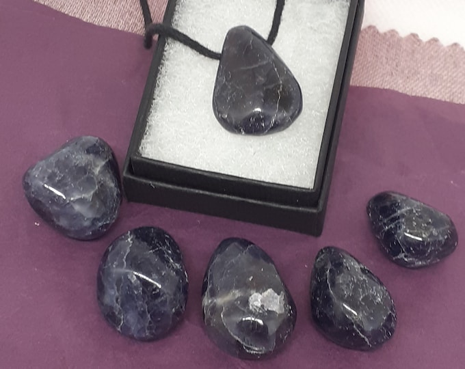 Cordierite/Iolite-Tumbled-Pendant- Black Cord - Gift-Yourself- Friends-Family-Loved One-Gift Box