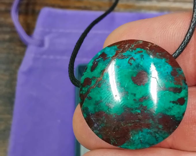 Chrysocolla Round Pendant-30 mm- Black Cord -Gift-Yourself- Friends-Family-Loved One