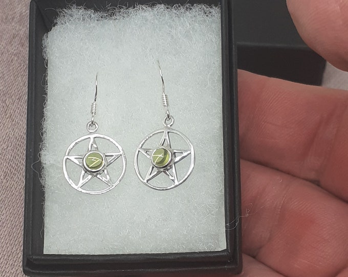 Peridot -Dangle-Drop -Pentacle Earrings Sterling Silver 925 - New "Goddess Collection"- Lovely Gift- NEW