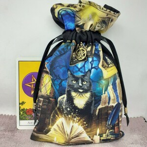 Tarot de luxe - Oracle - pochette pour cartes, pochette doublée, fait main - chat - pentacle - breloque - perles - nouveau design