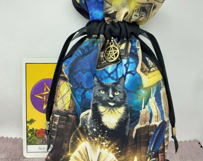 Deluxe Tarot - Oracle- cards pouch Bag, lined pouch, handmade -Cat- Pentacle -Charm- Beads- New Design