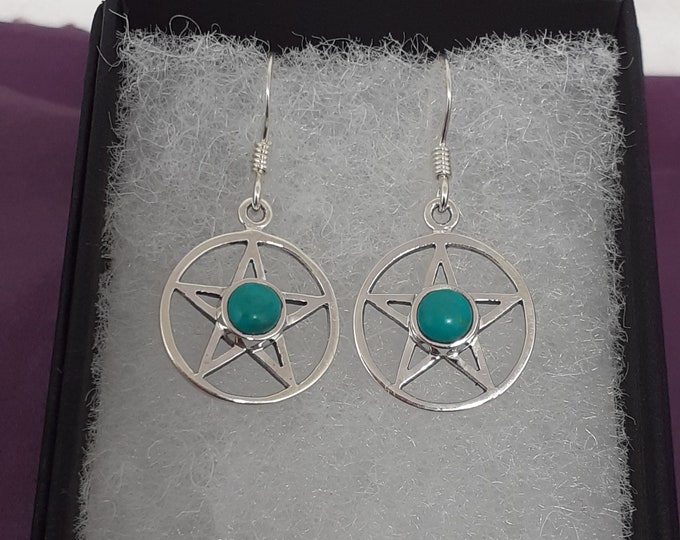 Turquoise -Dangle-Drop -Pentacle Earrings Sterling Silver 925 - New "Goddess Collection"- Lovely Gift- NEW