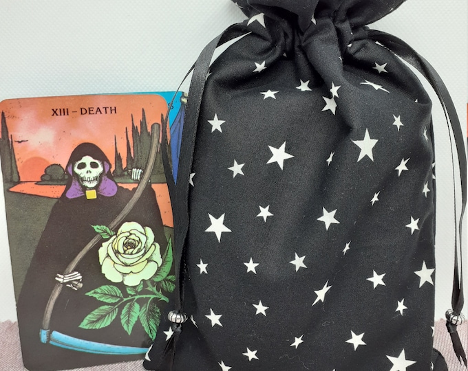 Tarot cards -Pouch Bag, Black lined pouch Stars-tarot handmade - Black Ribbon- Silver Bead