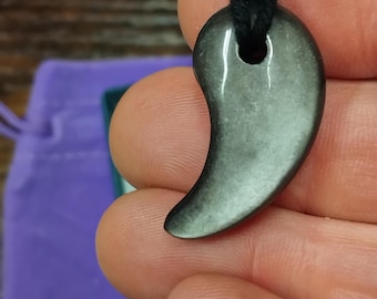 Silver Obsidian Magatama Pendant: Black Cord Amulet