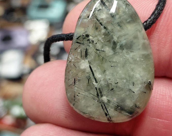 Prehnite and Epidote Drop Pendant - Black Cord Necklace - Gift Box
