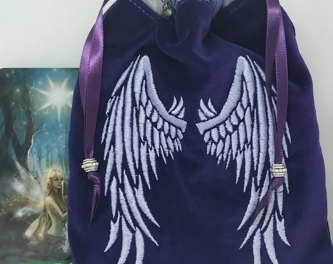 Deluxe Velvet Tarot cards pouch Bag, lined pouch, handmade -Embroidery- Angel Wings -Tibetan Silver Beads- New Design