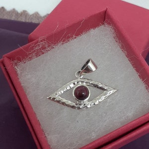 Pendant- Sterling Silver 925 Pendant- Evil Eye -"Goddess Collection" Garnet- 25 mm- Past life recall