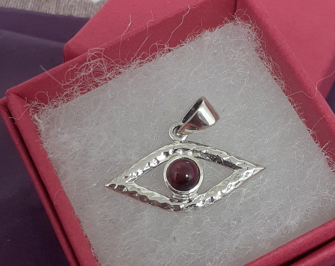 Pendant- Sterling Silver 925 Pendant- Evil Eye -"Goddess Collection" Garnet- 25 mm- Past life recall