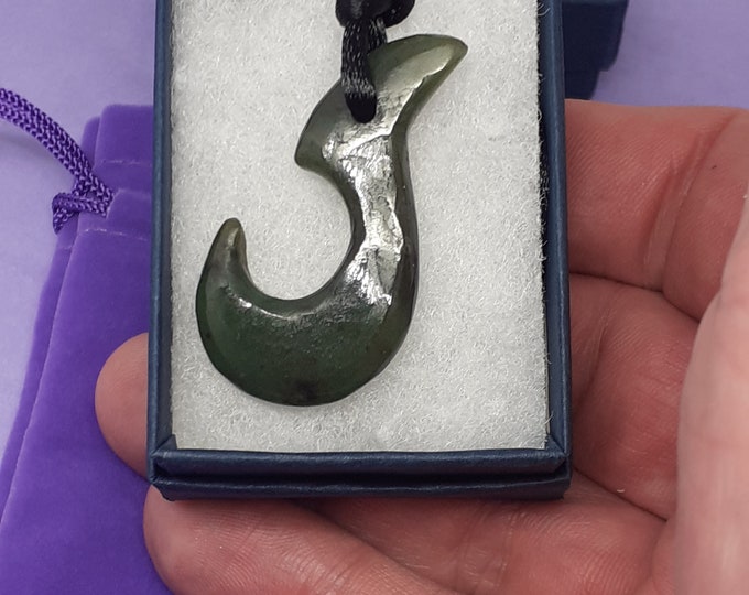 Maori pendant fish hook small -Nephrite Jade-Pendant- Black Cord - Gift-Yourself- Friends-Family-Loved One-Gift Box