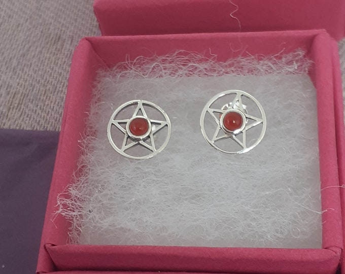 CARNELIAN Earrings Sterling Silver 925 Stud Earrings The "Goddess Collection" Pentagram 10 mm-Gift Box