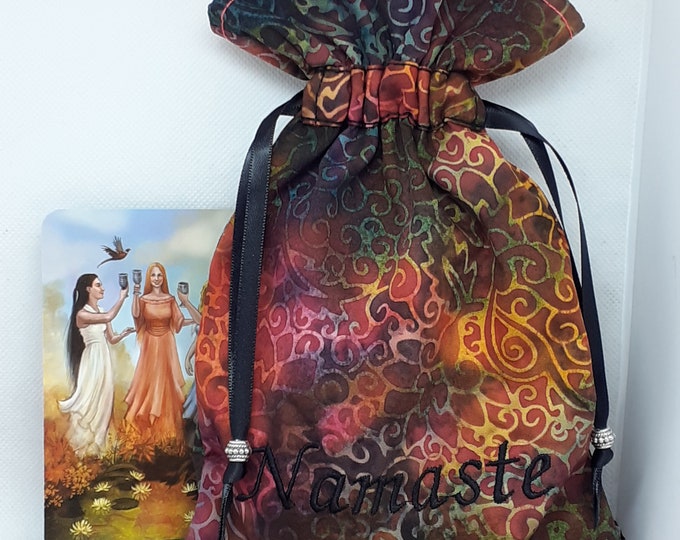 Deluxe Tarot cards pouch Bag, lined pouch, handmade -Embroidery- Namaste -Tibetan Silver Beads- New Design