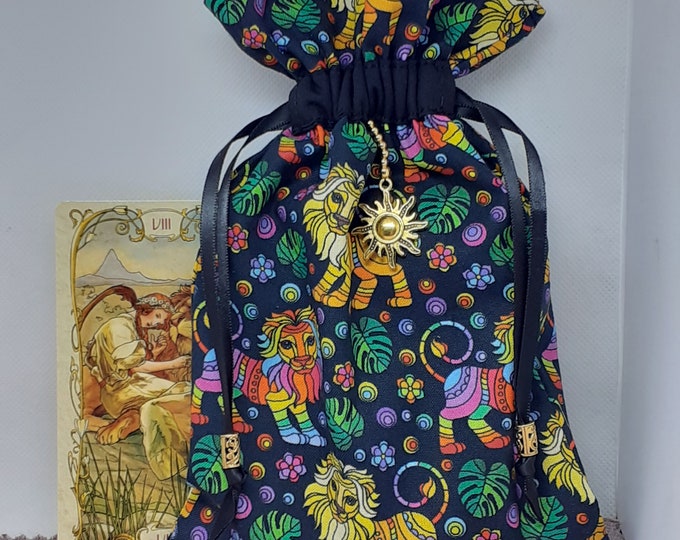Deluxe Tarot cards pouch Bag, lined pouch, handmade -Lion- Charm- Beads- New Design