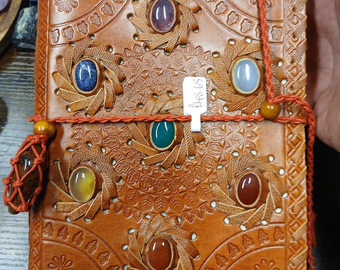 Leather-Chakra-Notebook-Journal- 9" x 6"-Wrapped with Crystal Mahogany Obsidian Gemstone-New- Gift-Yourself-Friends-Family-Loved One