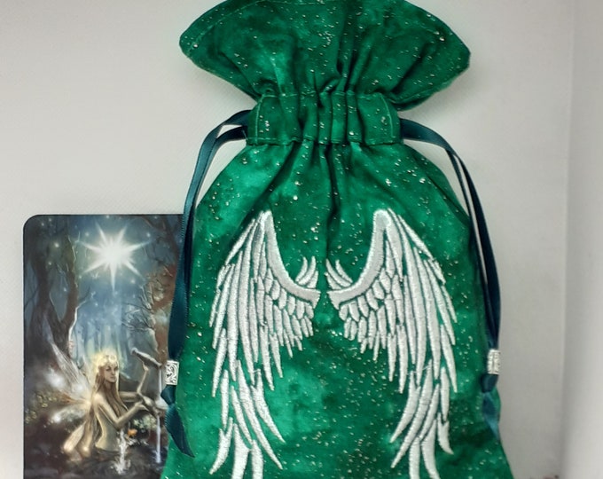 Deluxe Tarot cards pouch Bag, lined pouch, handmade -Embroidery- Angel Wings-Tibetan Silver Beads- New Design