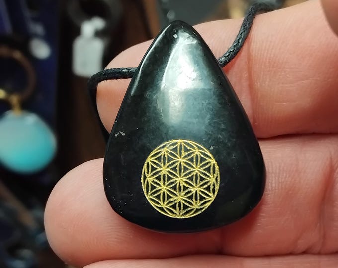 Shungite Flower of Life Pendant: Black Cord Necklace