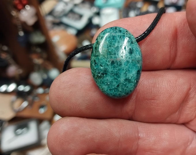 Apatite-Cabochon oval-  Black Cord-Gift-Yourself-Friends-Family-Loved One- NEW- Gift Box