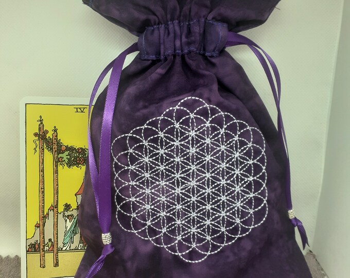 Deluxe Tarot cards pouch Bag, lined pouch, handmade -Embroidery- Flower of Life -Tibetan Silver Beads- New Design