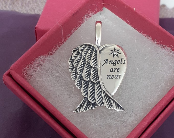 Clear CZ "Angels Are Near"- Wings -Pendant Sterling Silver 925 - New "Goddess Collection"- Lovely Gift- Yourself- Friends- Family-Loved One
