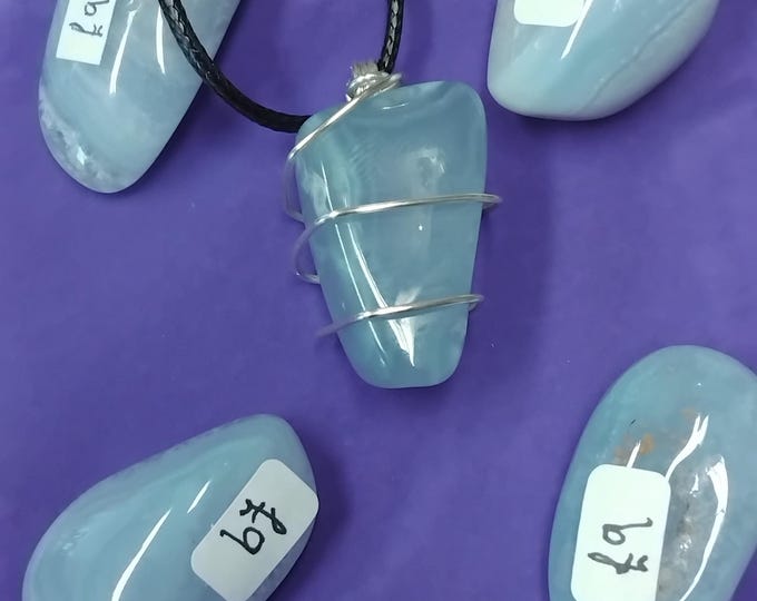 Blue Lace Agate- Silver Plated Wire Pendant- Black Cord- 35 mm-Gift-Yourself- Friends-Family-Loved One-Gift Box