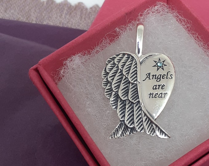 Blue Topaz CZ "Angels Are Near"- Wings -Pendant Sterling Silver 925  "Goddess Collection"- Lovely Gift- Yourself- Friends Family Loved One