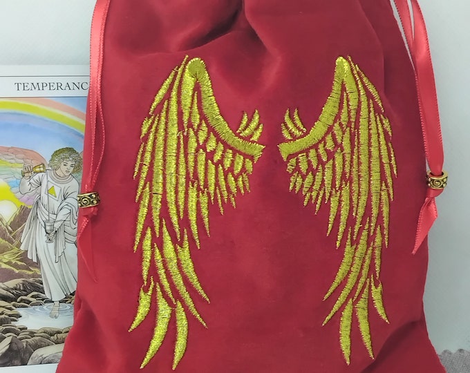 Deluxe Velvet Tarot cards pouch Bag, lined pouch, handmade -Embroidery- Angel Wings -Tibetan Silver Beads- New Design