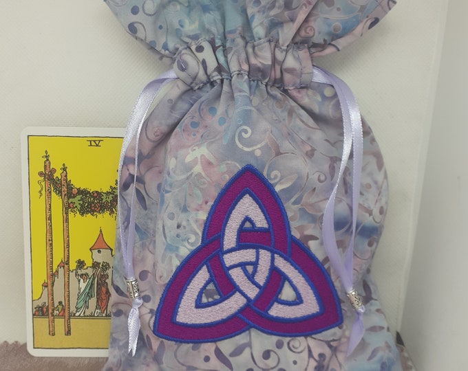 Deluxe Tarot cards pouch Bag, lined pouch, handmade -Embroidery- Triquetra -Tibetan Silver Beads- New Design