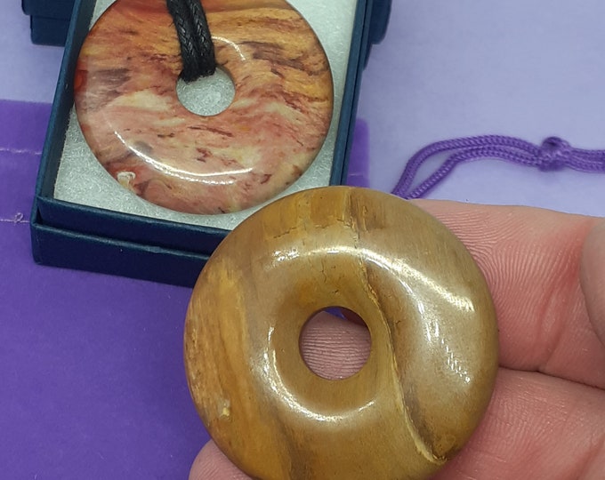 Petrified Wood -40 mm Donut Pendant- Black Cord- Perfect gift for yourself- a friend or a Loved one