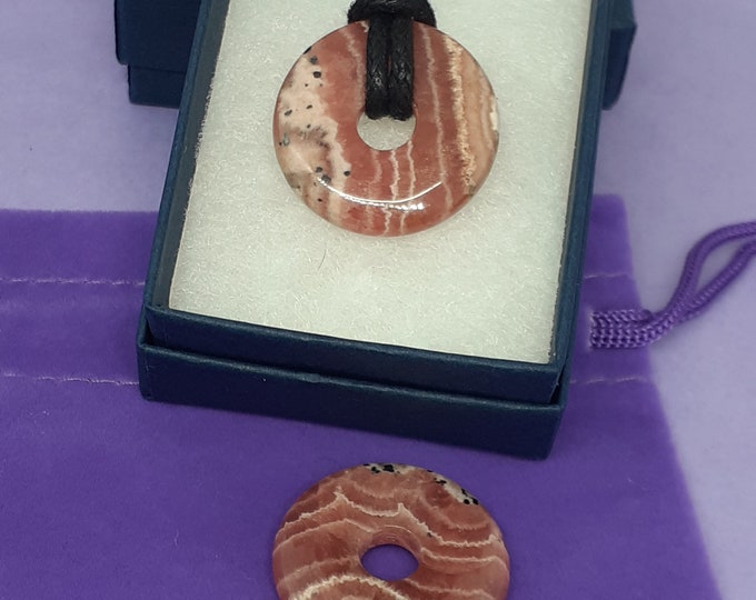 Rhodochrosite -25 mm Donut Pendant- Black Cord- Perfect gift for yourself- a friend or a Loved one