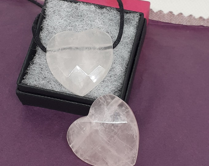 Rose Quartz-Faceted- Heart Pendant - Black Cord - Gift-Yourself- Friends-Family-Loved One-Gift Box