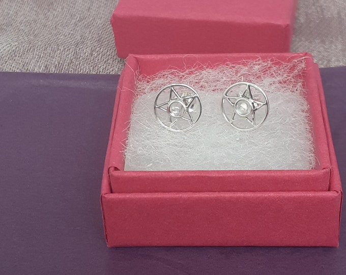 Rose Quartz Earrings Sterling Silver 925 Stud Earrings The "Goddess Collection" Pentagram 10 mm-Gift Box